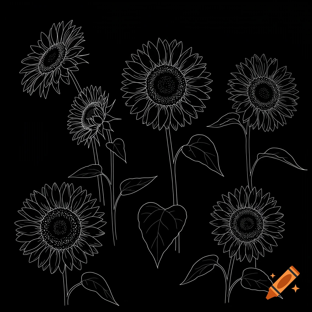 Simple white line art outlines of sunflowers with stems on a black background.