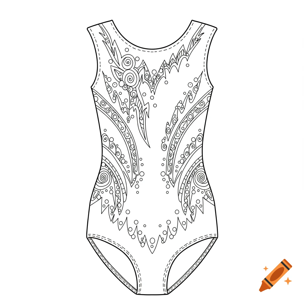 A black and white line art drawing of a gymnastic leotard with intricate decorative patterns.