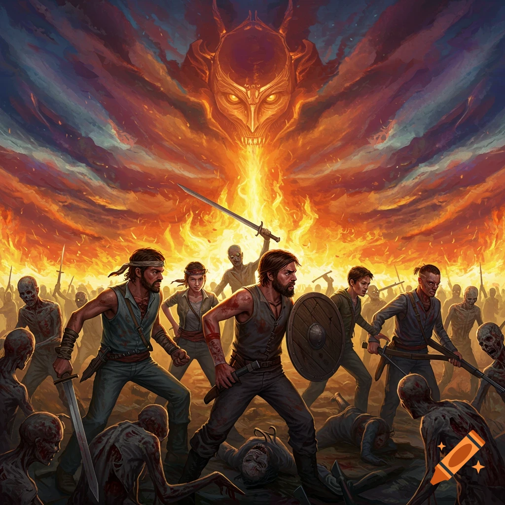 A dramatic fantasy painting of humans fighting zombies under a fiery sky with a horned demon creature looking down.