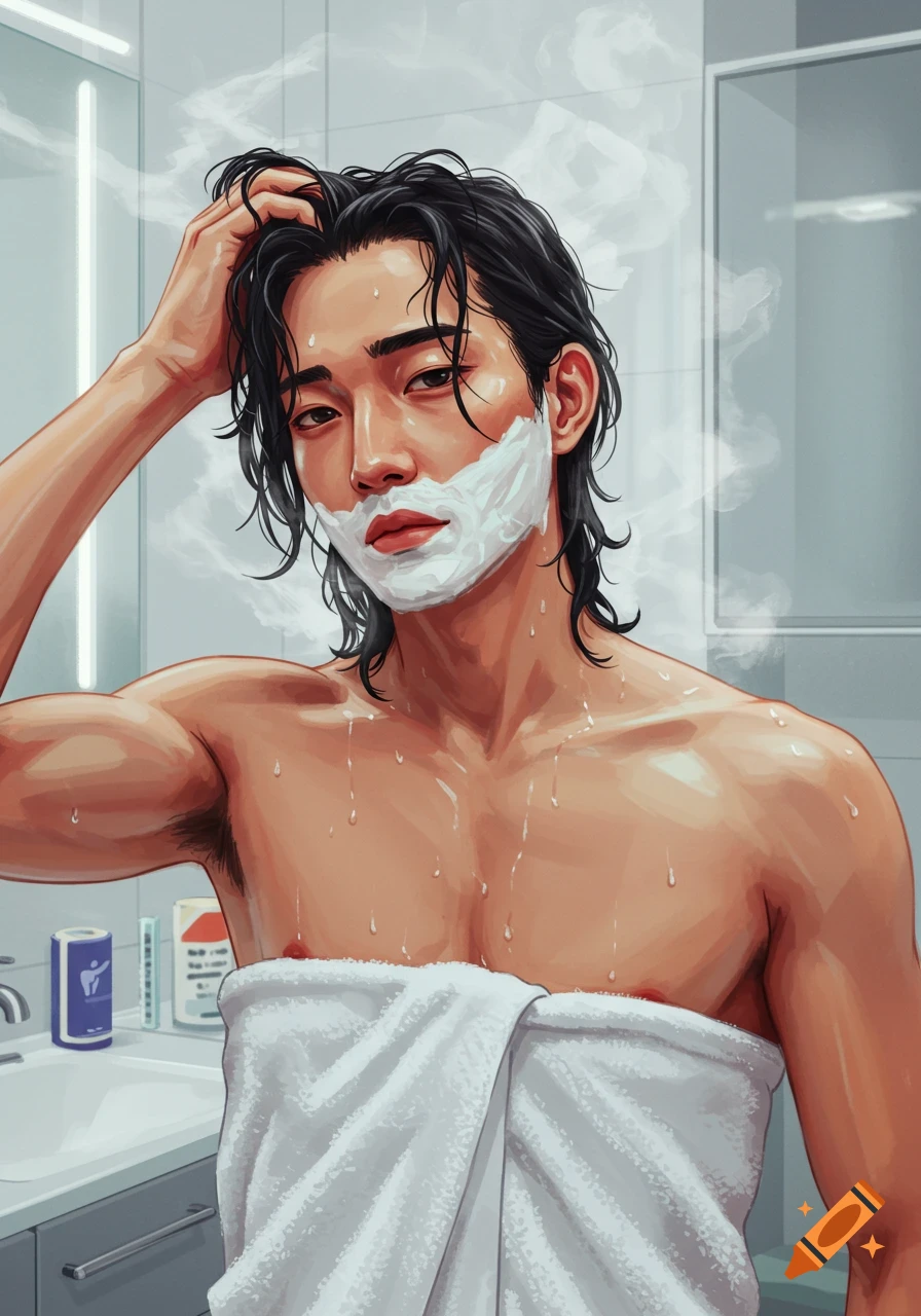 Anime man with black hair and shaving cream on his face in a steamy bathroom, towel wrapped around his waist.