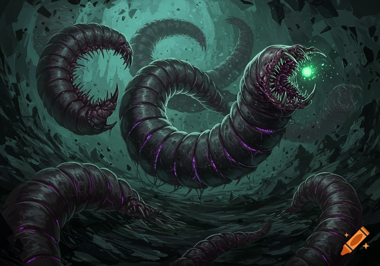 Large, dark, segmented worms with sharp teeth and glowing green eyes writhe in a dark, eerie cavern.