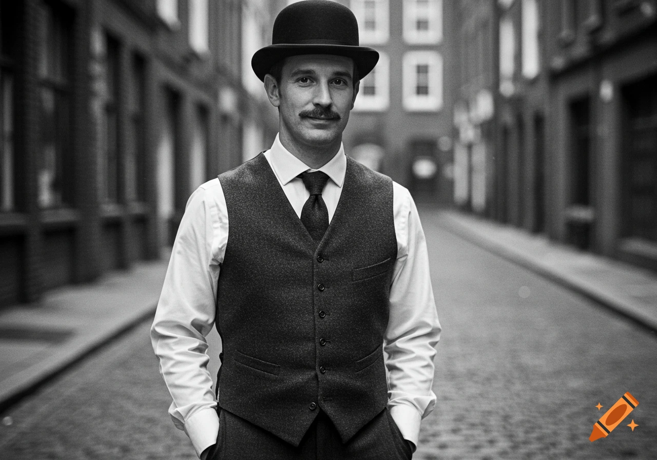 Black and white portrait of a man with a mustache wearing a bowler hat, vest, and tie, standing on a city street.