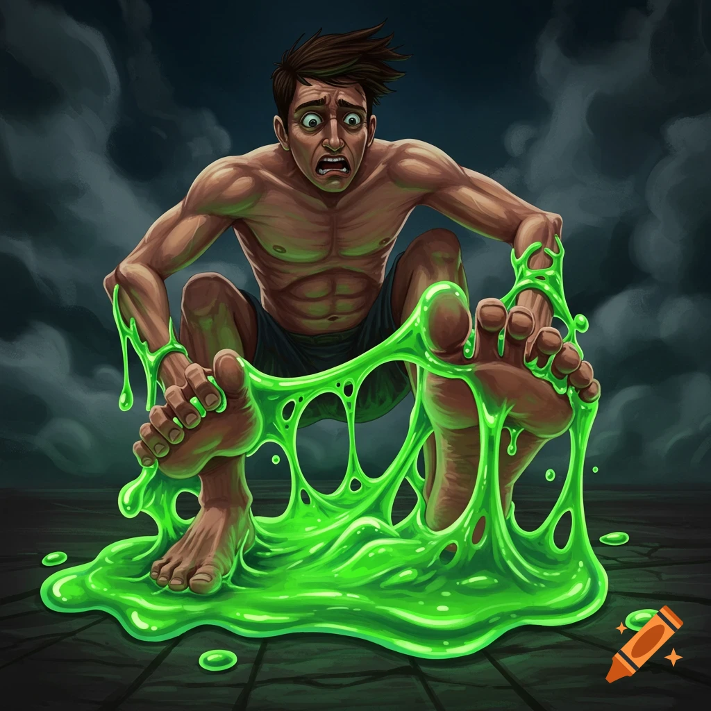 A man struggles to pull his bare feet from glowing green slime that squelches between his toes in a dark, illustrative style.