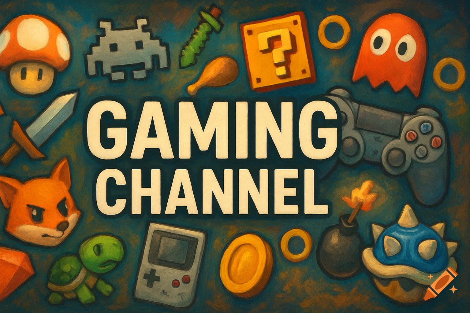 A colorful, painterly gaming channel banner with "GAMING CHANNEL" text and classic video game icons.