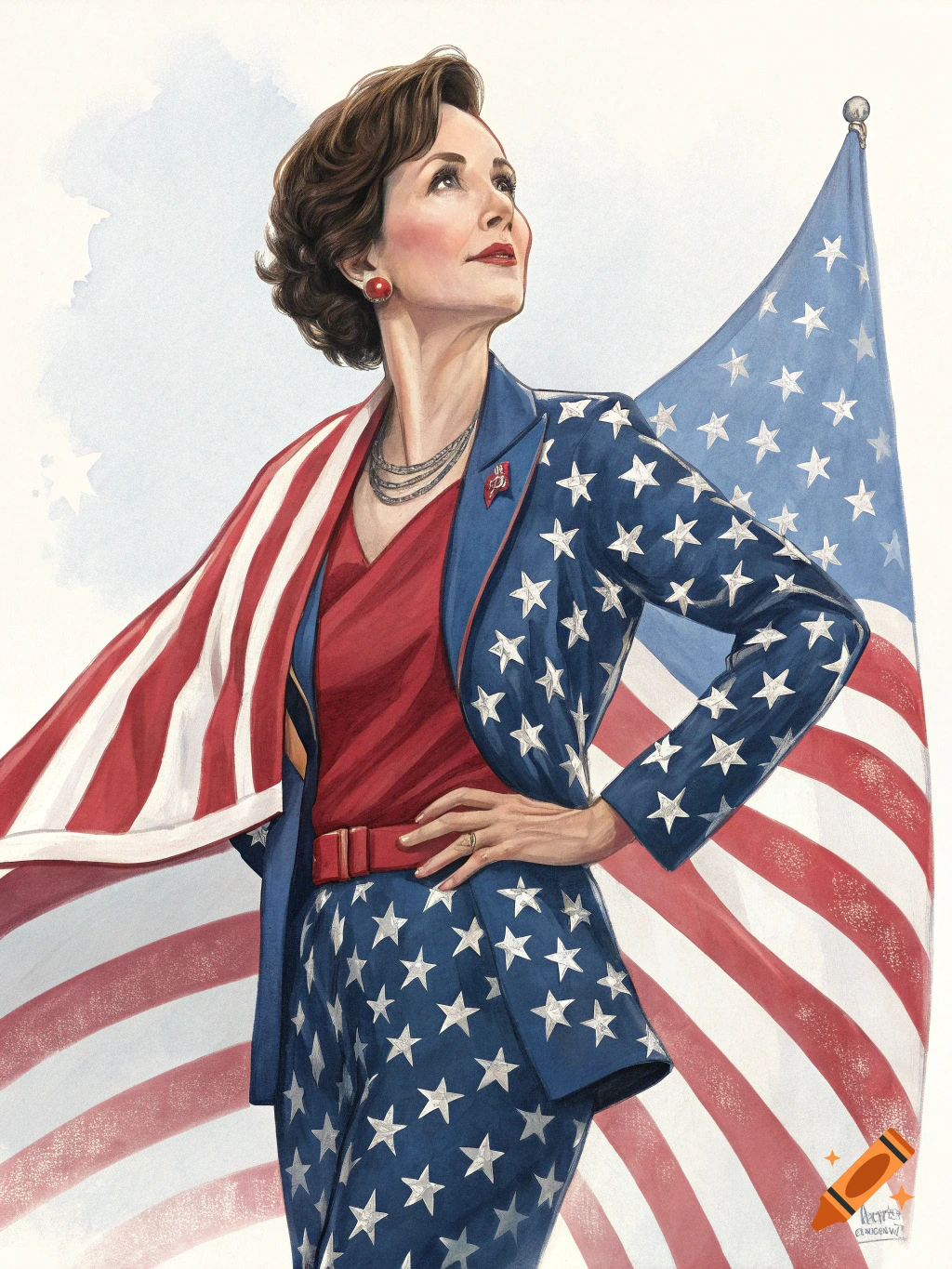 Illustration of a woman wearing a blue suit with white stars and a red top, with an American flag draped over her shoulder, looking up.
