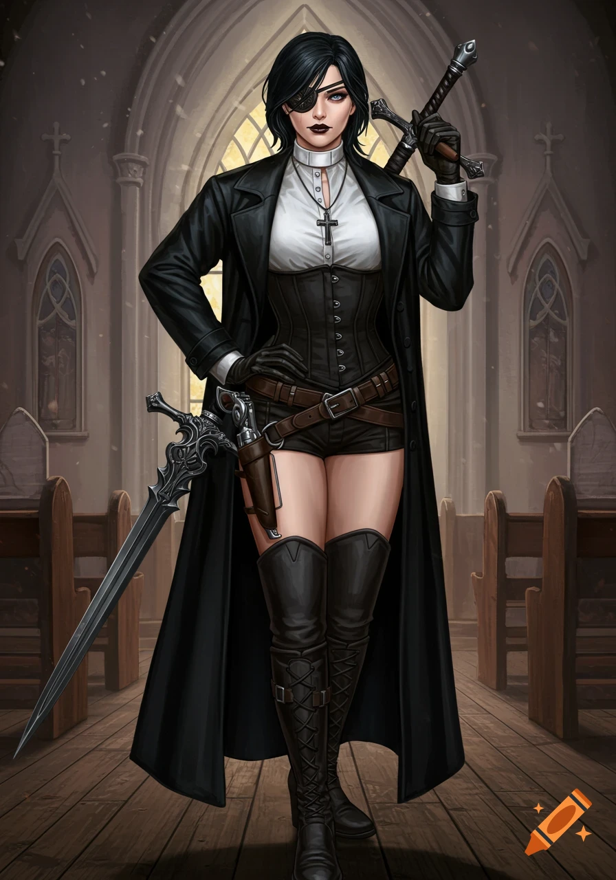 A woman with black hair and an eyepatch, dressed in a black duster coat, priest shirt, corset, and shorts, stands in a church holding a sword.
