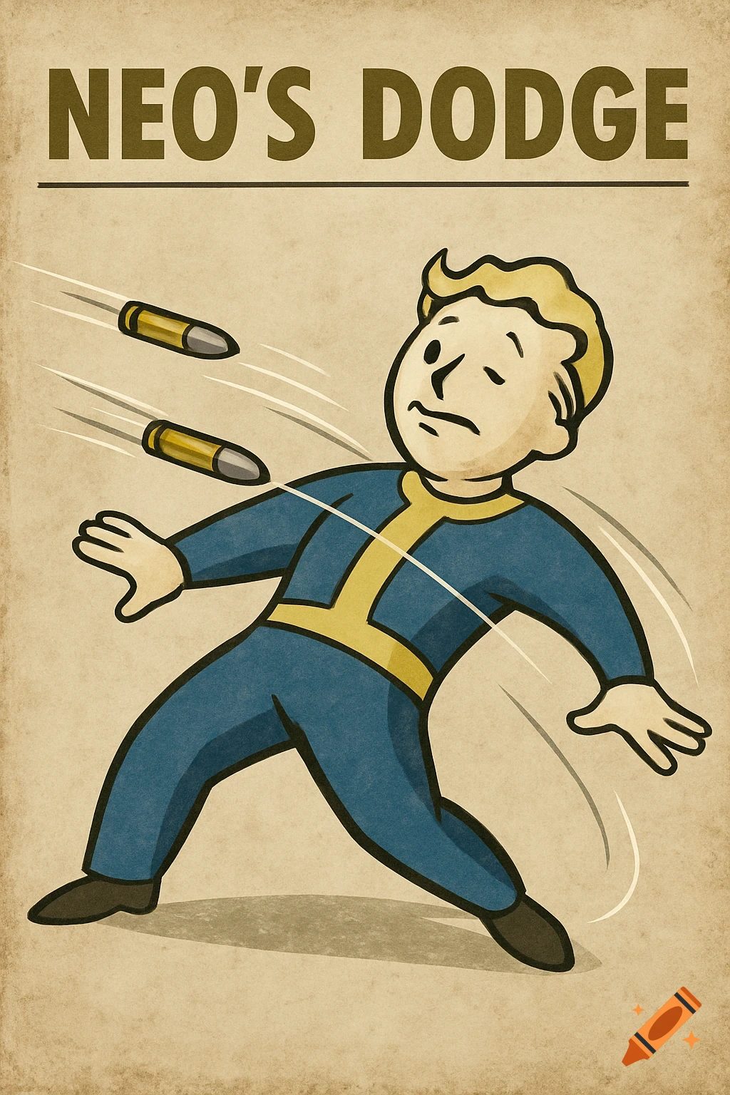 A vintage-style poster depicting Vault Boy, a cartoon character, leaning back to dodge two bullets with motion lines, under the text "NEO'S DODGE."