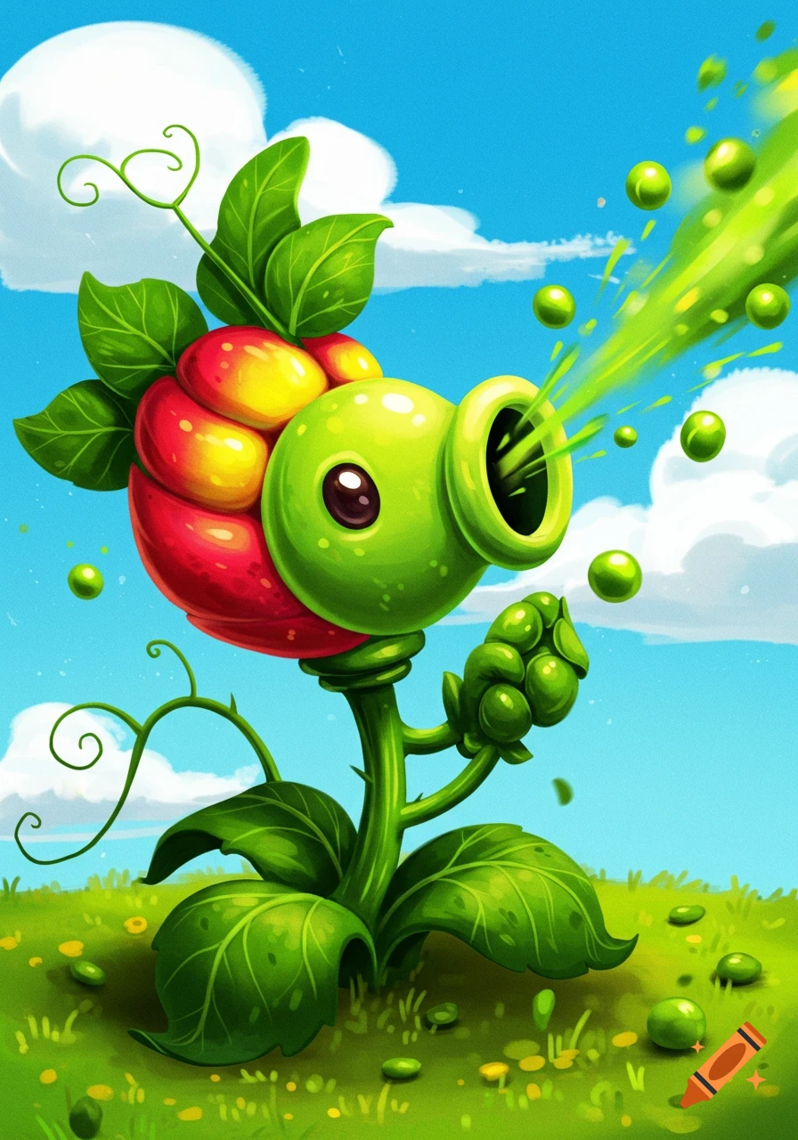 A vibrant, cartoon-style peashooter plant from Plants vs. Zombies, firing green projectiles in a sunny outdoor setting.