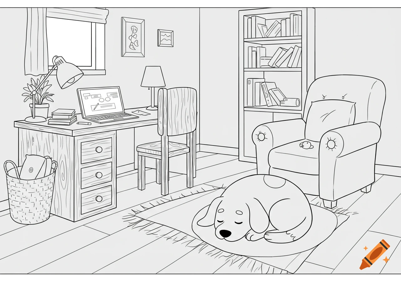 Black and white line art illustration of a cozy study room with a desk, laptop, books, armchair, bookshelf, and a sleeping cartoon dog on a rug.