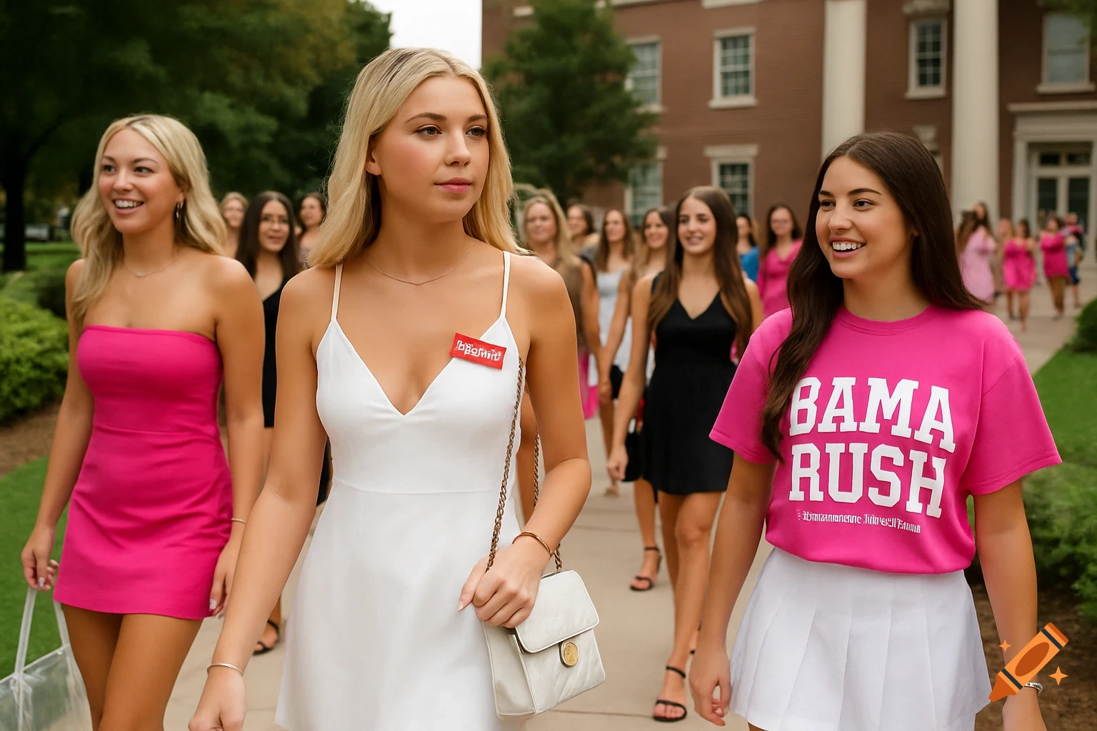 A group of young women, some in pink and white dresses, walk on a college campus with buildings in the background.