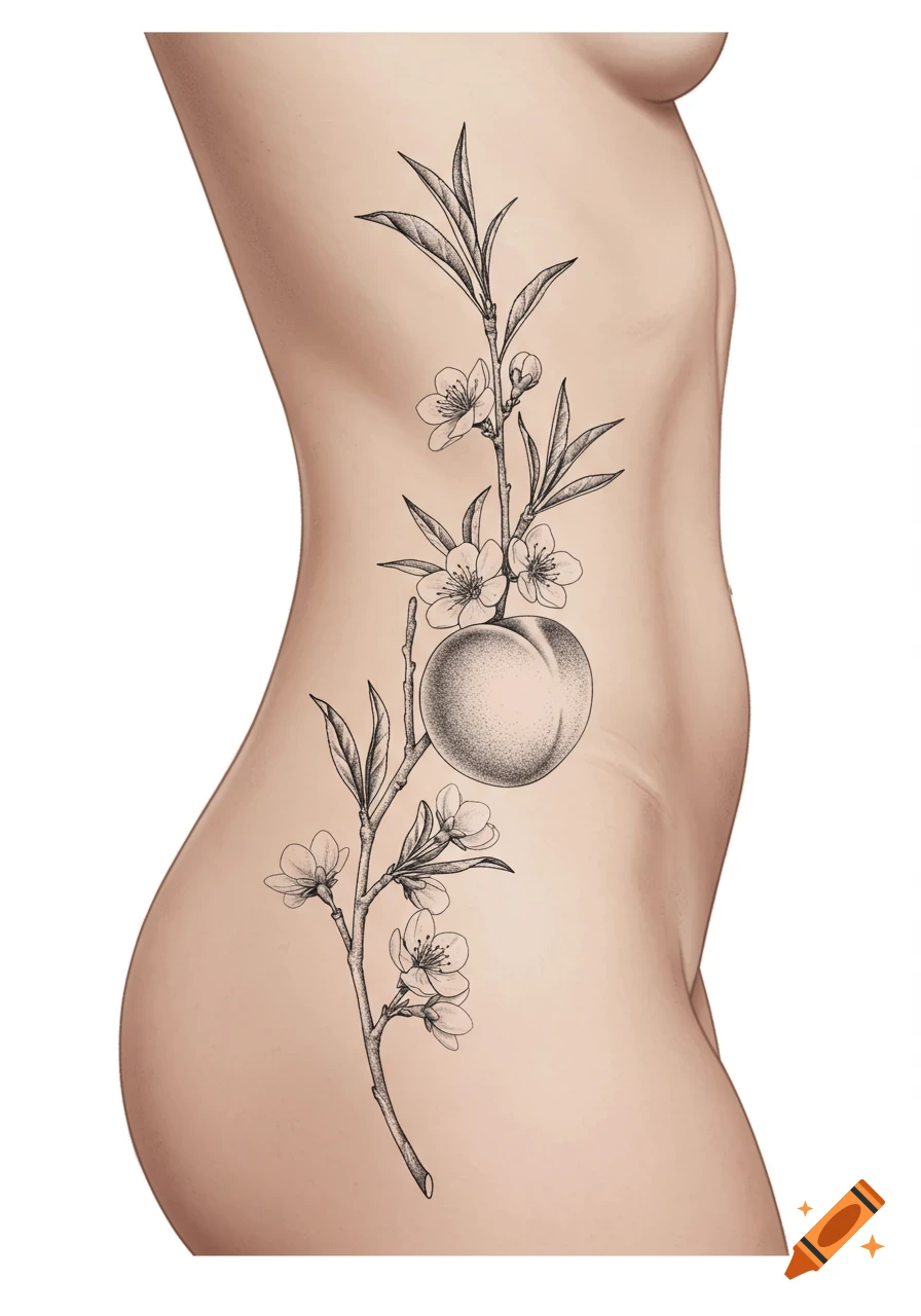 Black and white tattoo of a delicate peach tree branch with blossoms and a peach, wrapping around a female torso in a botanical illustration style.