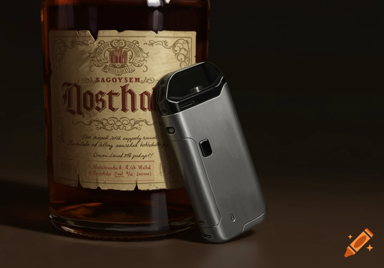 A photorealistic still life featuring a brown liquor bottle with an ornate label, leaning against a silver non-disposable vape device, set on a dark surface.