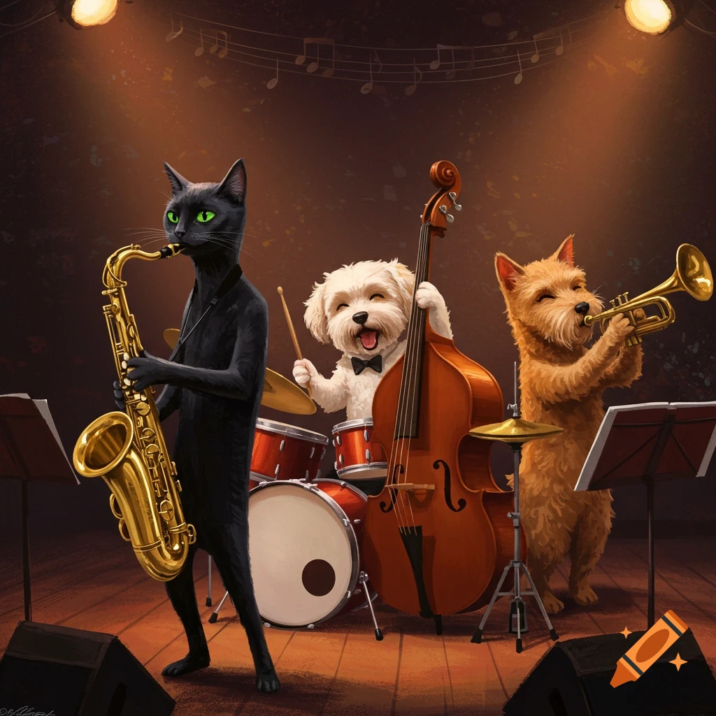 A black cat playing saxophone, a white dog on drums, and a brown dog playing trumpet on a spotlighted stage.
