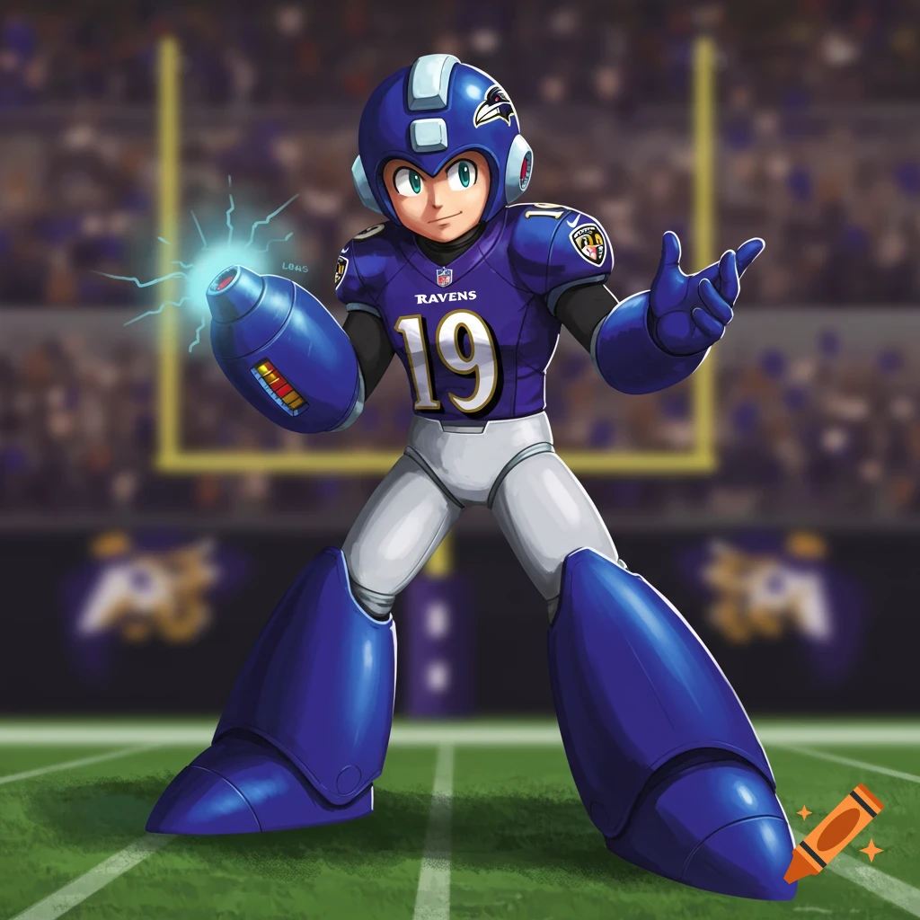 Mega Man wears a purple Baltimore Ravens football jersey with the number 19 and a charged arm cannon, standing on a football field.