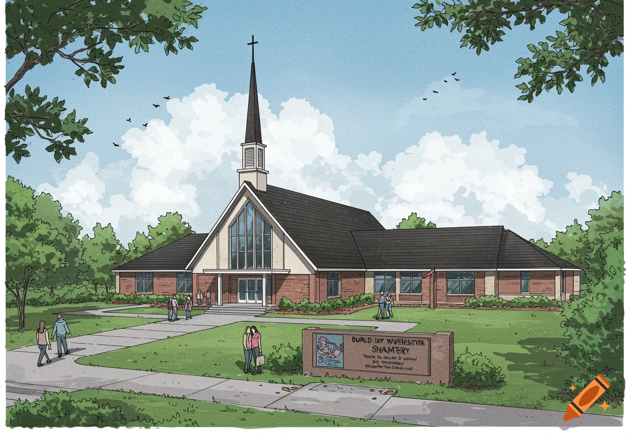 A cartoon-style illustration of a large brick church with a tall steeple and a few people walking on the grounds, surrounded by green trees.