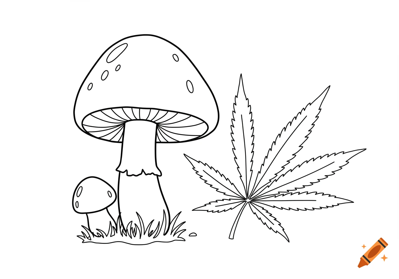 A black and white outline drawing for a coloring book featuring a large mushroom, a smaller mushroom, and a cannabis leaf on white background.