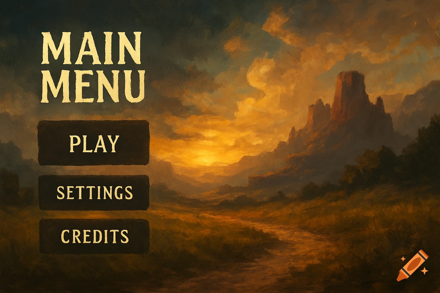 Painterly game main menu screen with 'MAIN MENU', 'PLAY', 'SETTINGS', 'CREDITS' over a golden sunset fantasy landscape.