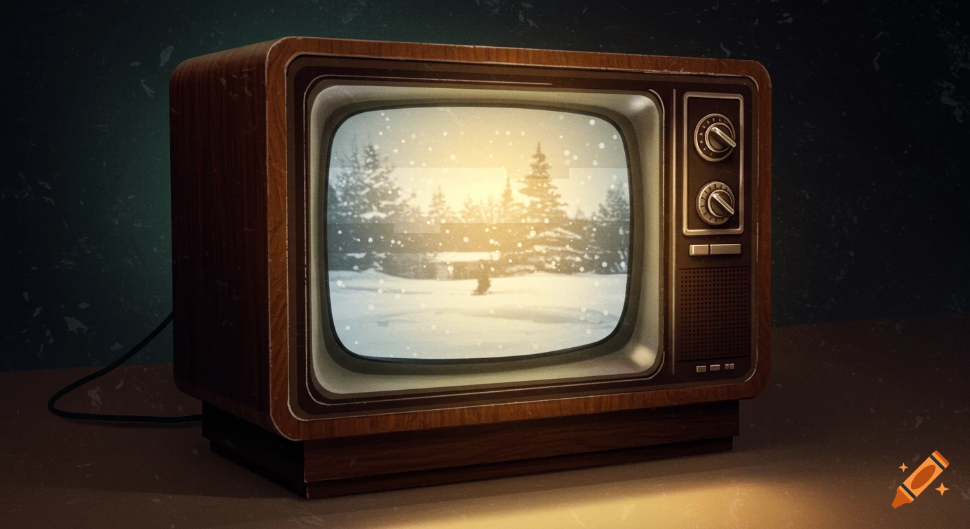 A vintage wooden television set displaying a snowy winter landscape with trees and sunlight, enhanced with screen static.
