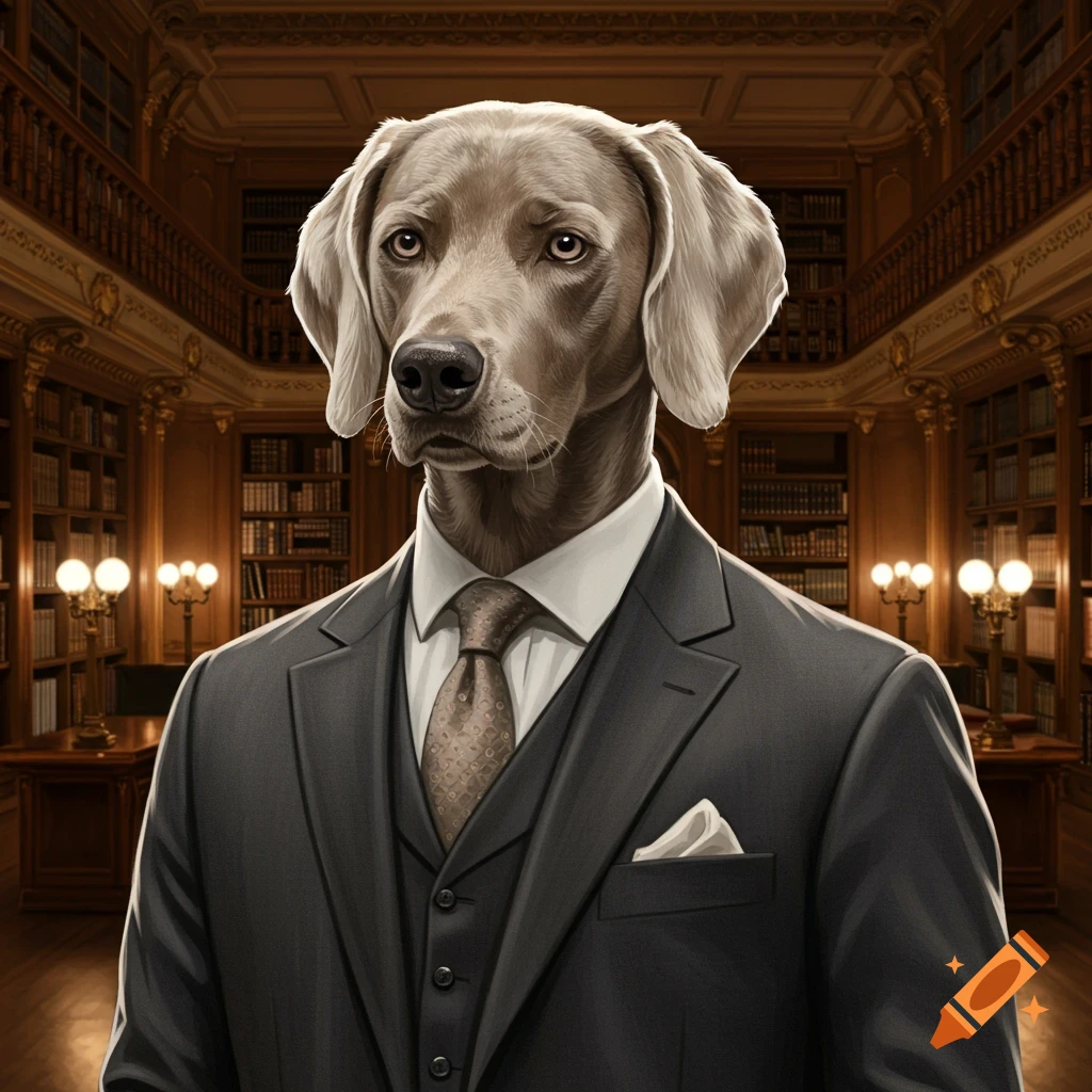 A Weimaraner dog in a suit stands in a grand library.