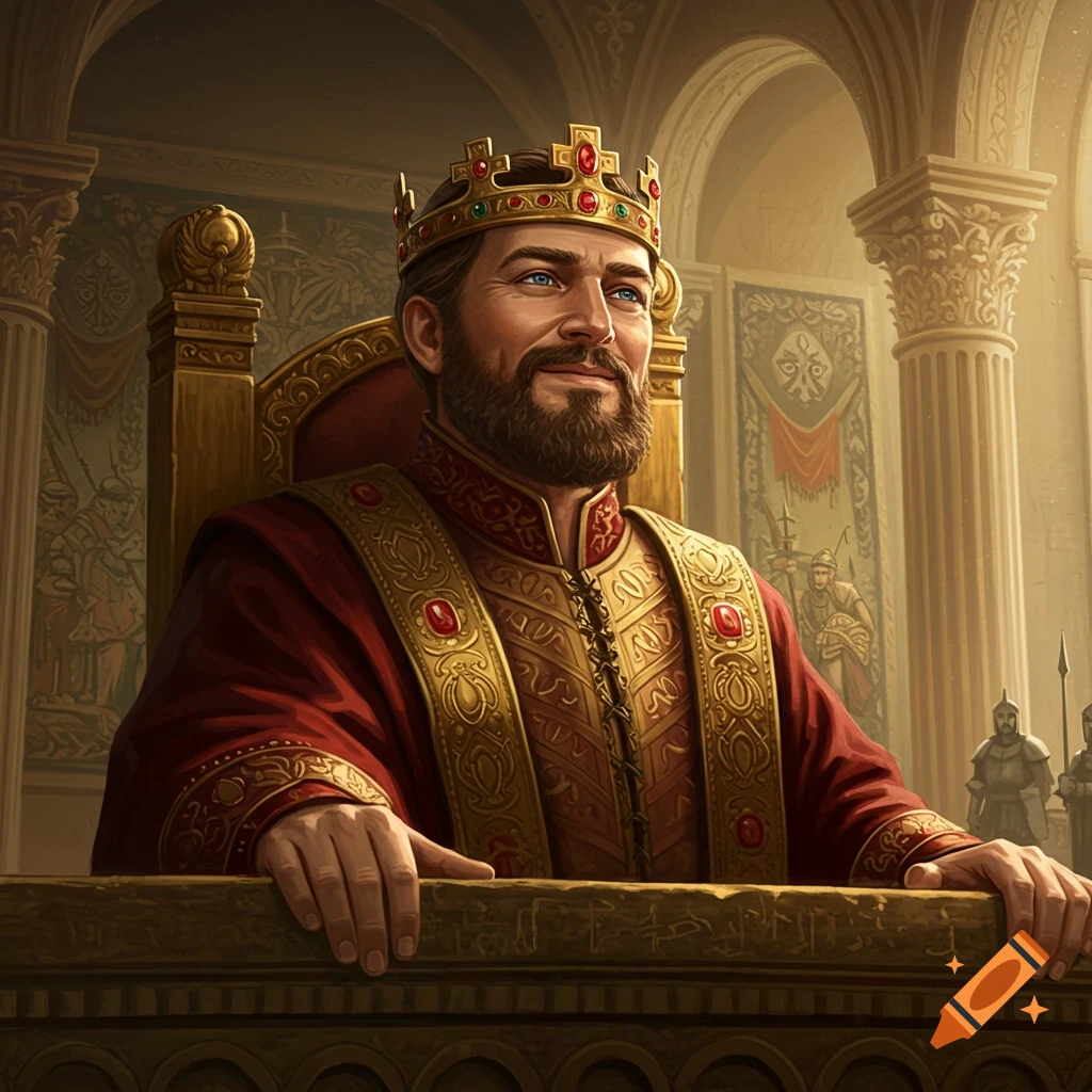 A regal, bearded king with a crown smiles from his golden throne in a grand hall, dressed in red and gold robes.