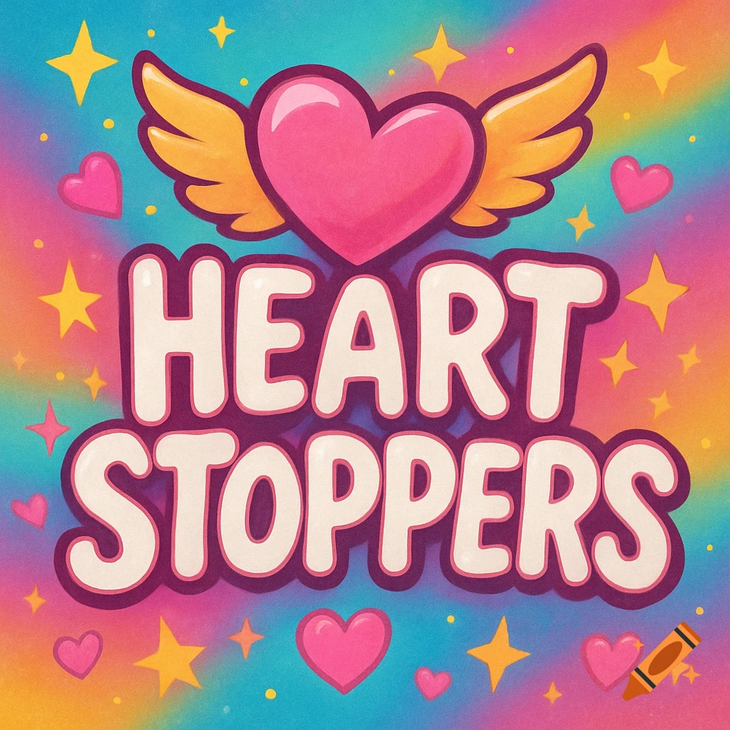 A colorful logo with the words "HEART STOPPERS" in bubble letters, a winged heart, and scattered stars on a rainbow background.