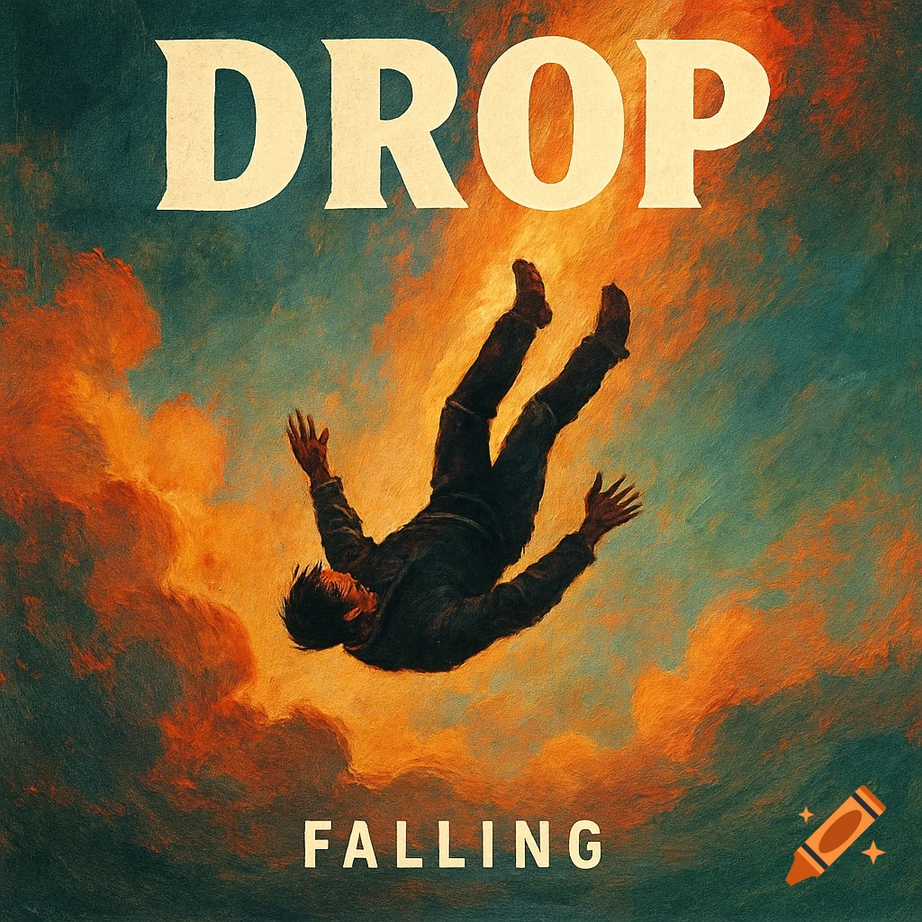 A person falls through a painterly sky of orange and blue clouds, with 'DROP' and 'FALLING' text.