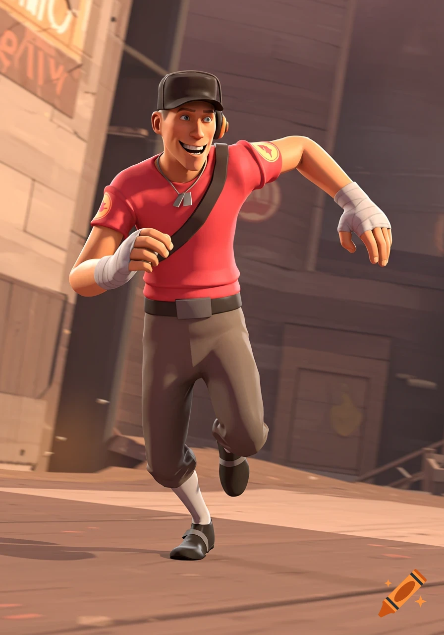 The Scout from Team Fortress 2 running forward with a wide grin in an urban setting.