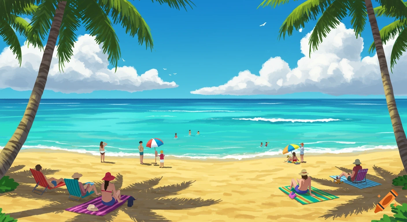 An illustrated tropical beach scene with people swimming and relaxing on the sand under palm trees with a clear blue sky.