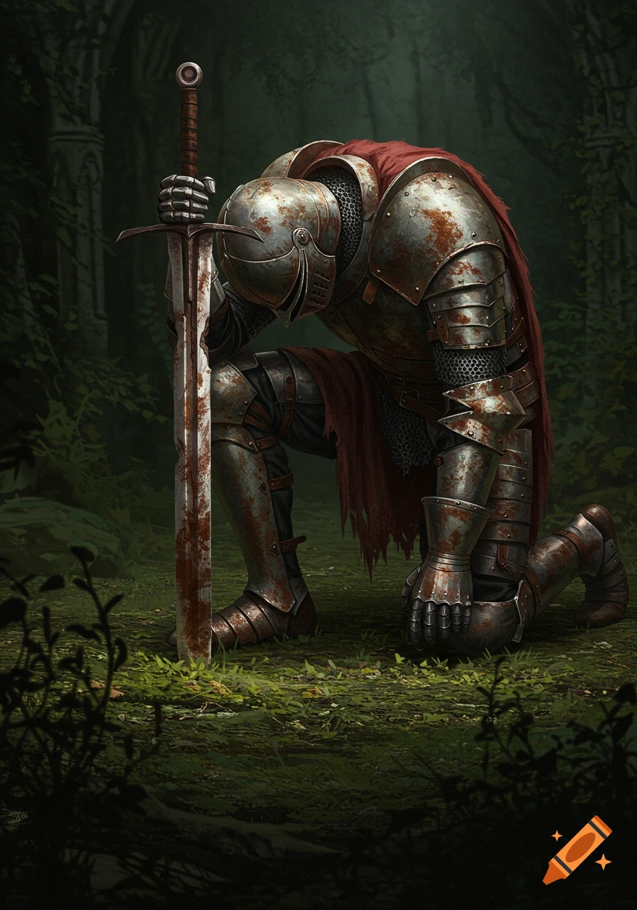A knight in rusted, dented armor kneels solemnly in a dark forest, leaning on a large sword.