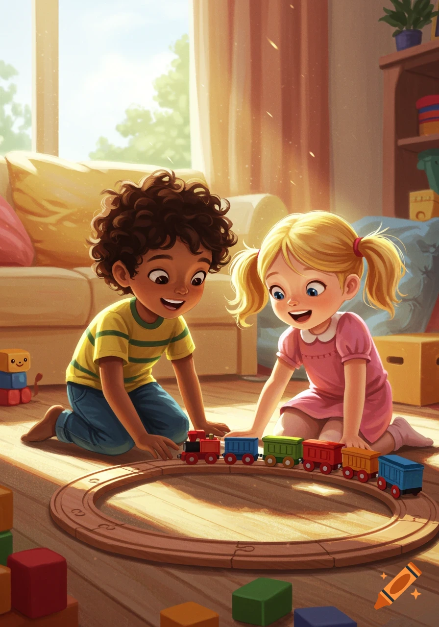 Two happy children playing with a wooden toy train on the floor in a sunlit room.