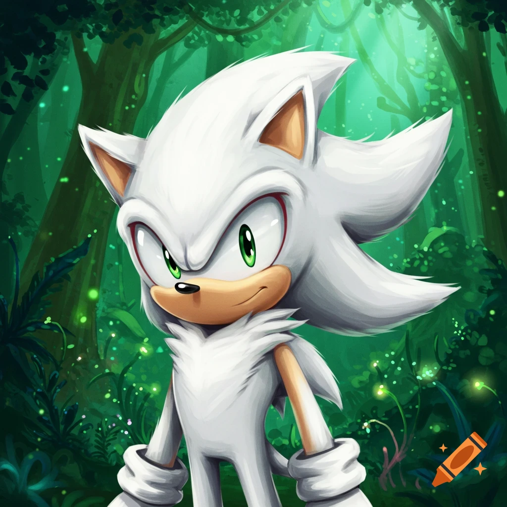 A white Sonic character with sage green eyes stands in a vibrant green forest with glowing particles.
