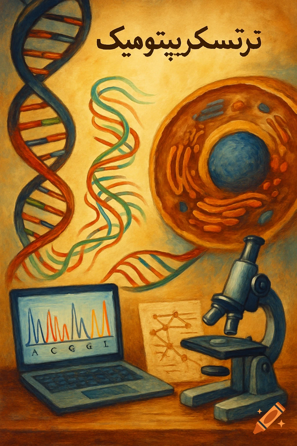 An artistic illustration depicting molecular biology concepts with DNA strands, a cell diagram, a laptop with a graph, and a microscope.