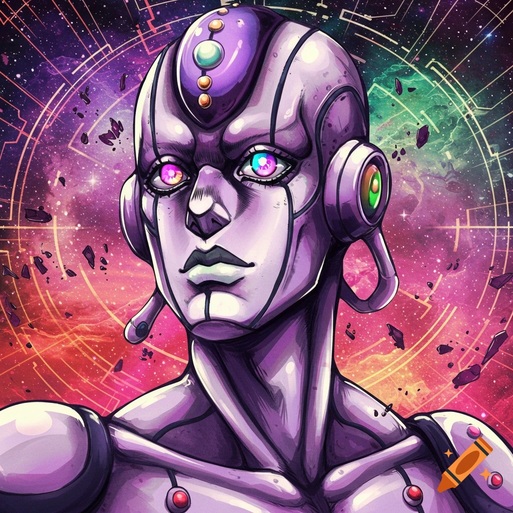 A vibrant anime-style illustration of a purple-skinned cyborg with glowing eyes and a headset, set against a colorful cosmic background with geometric lines.