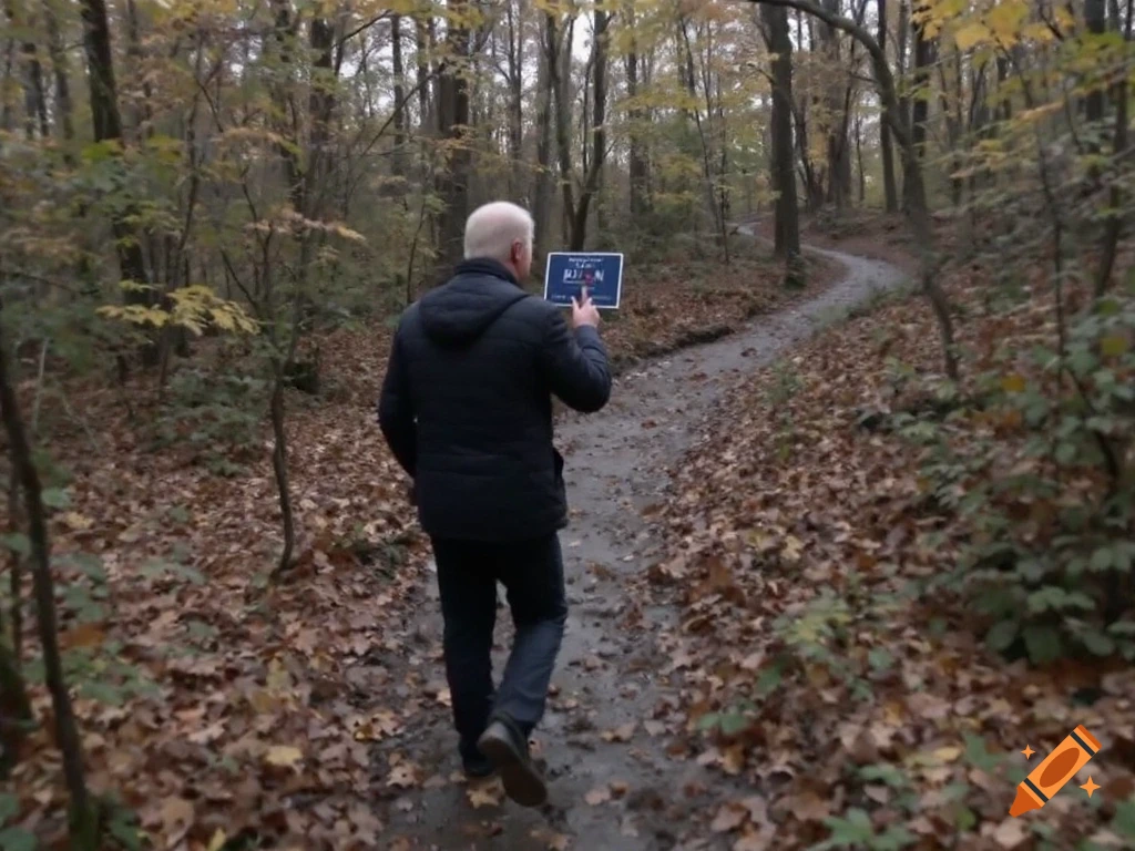 A man in a dark jacket walks away on a dirt path through an autumn forest, holding a blue sign or tablet.