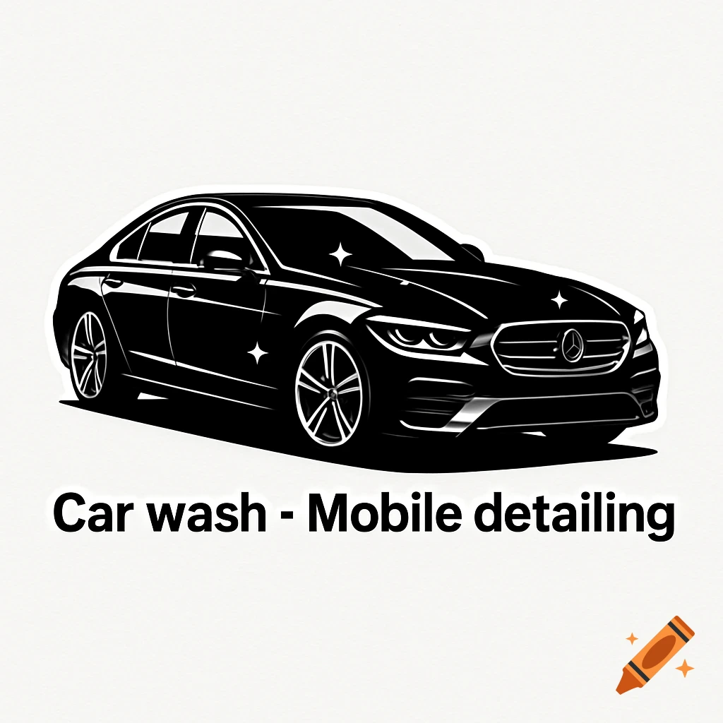 Minimalist vector illustration of a shiny black luxury car with text 'Car wash - Mobile detailing' on a white background.