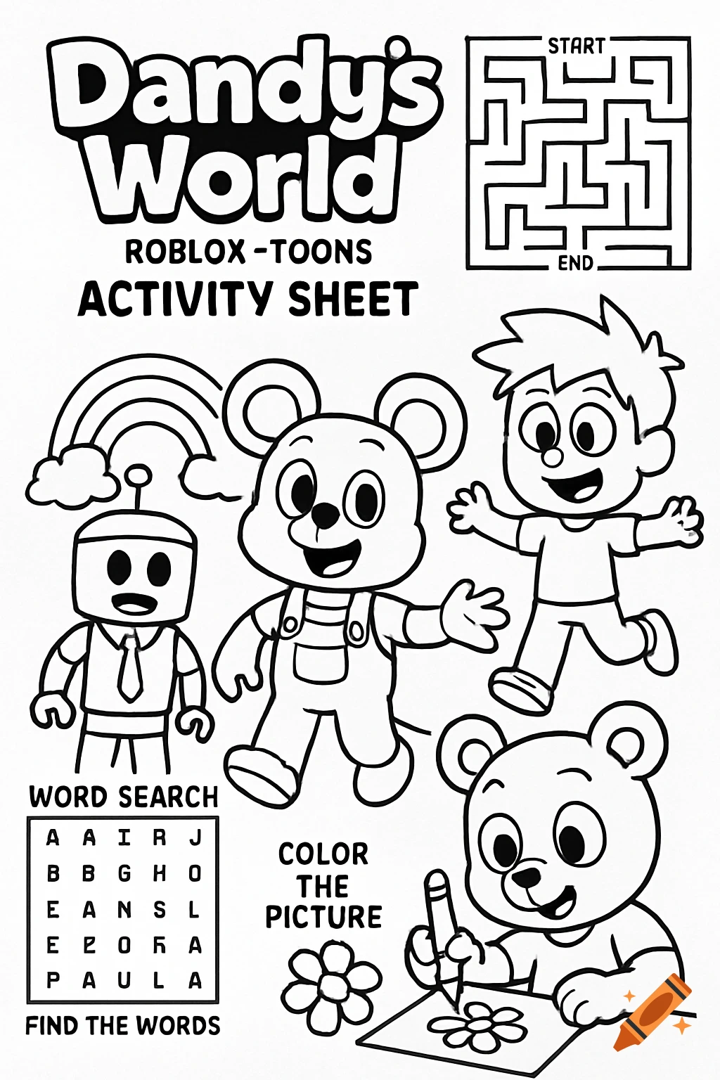 A black and white activity sheet featuring cartoon characters, including a robot, two bear-like figures, and a boy. It includes a maze, a word search grid, and a 'color the picture' section.