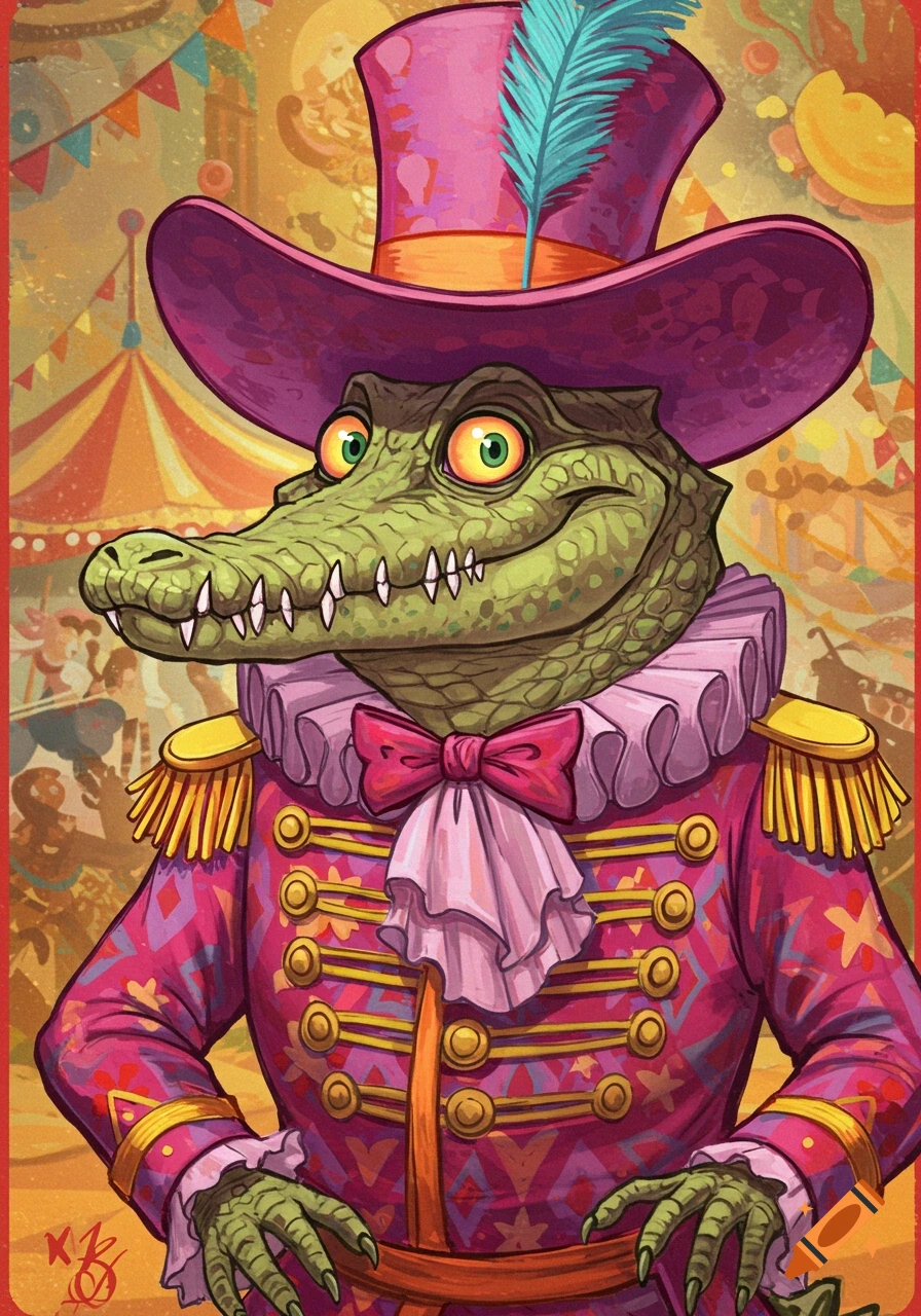 A colorful, cartoonish alligator dressed as a circus ringmaster in a vibrant pink and purple uniform, standing in front of a big top tent.