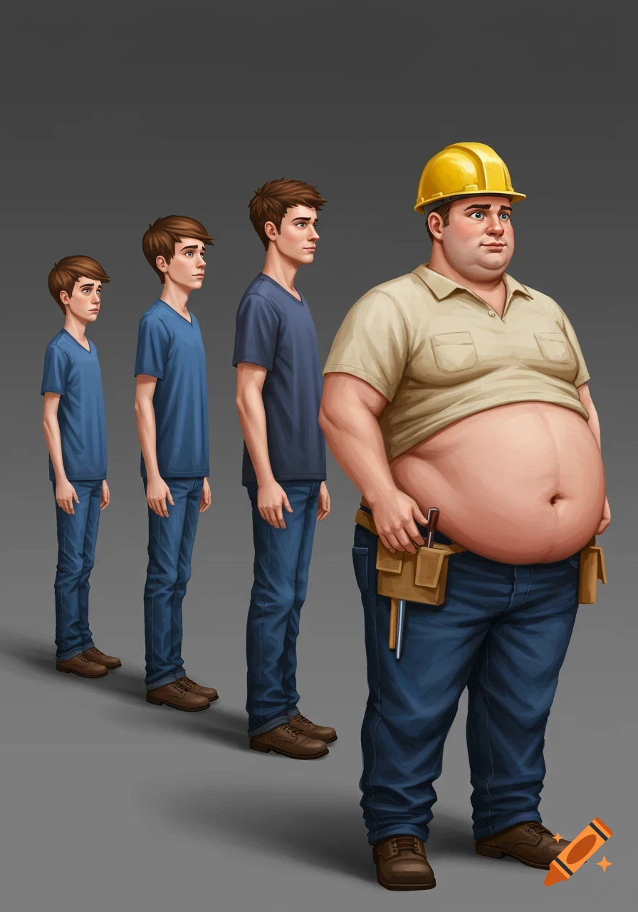 Progression of a man from slim youth to an obese construction worker, showing weight gain and aging in an illustrative style.