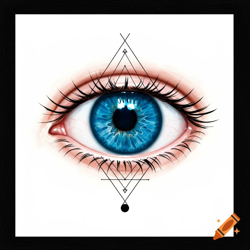 A detailed, symmetrical, minimalist drawing of a blue human eye with black geometric lines and shapes above and below it.