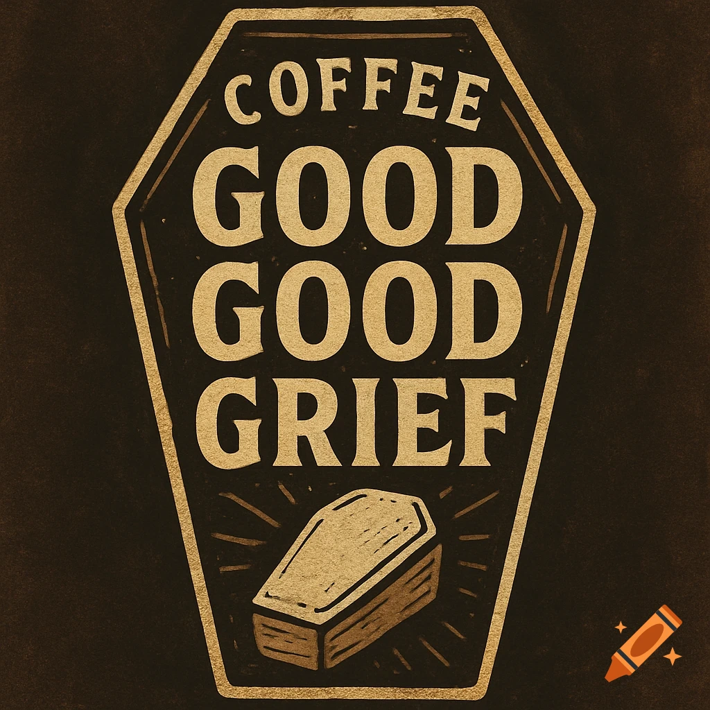 Vintage style coffee label in the shape of a coffin with text 'COFFEE GOOD GOOD GRIEF' and a small coffin illustration.