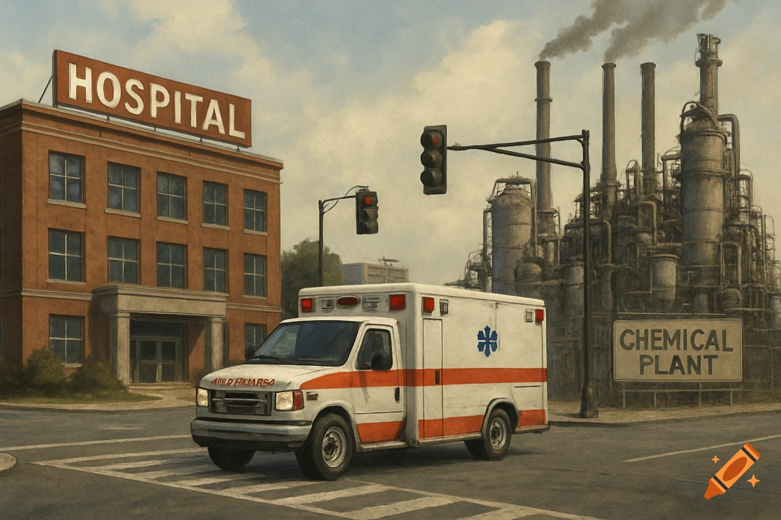 An ambulance at an urban intersection in front of a hospital and a chemical plant, rendered in a painterly style.