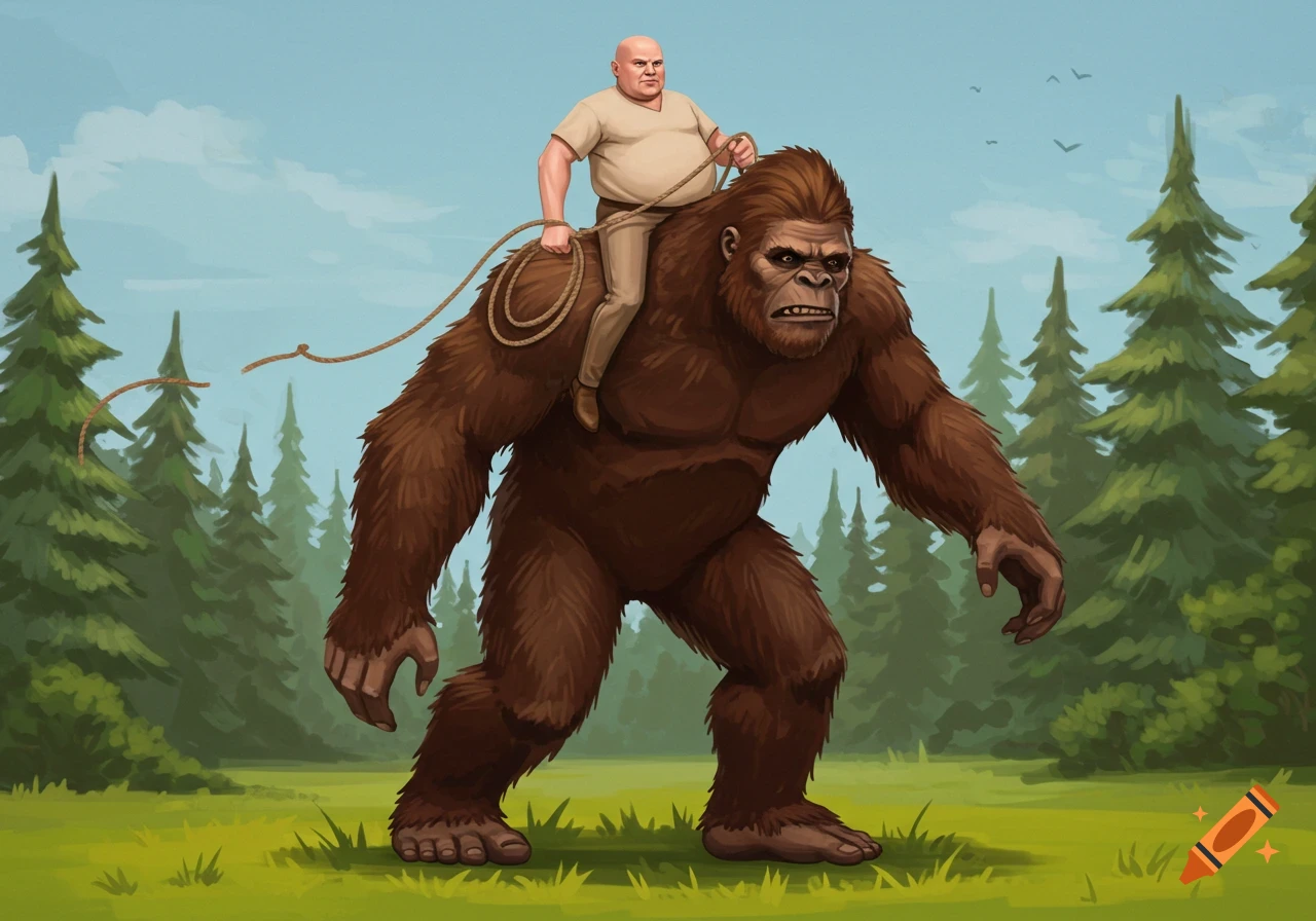 A bald, heavy-set man rides on the back of a large, brown Bigfoot through a forest clearing, holding a lasso.