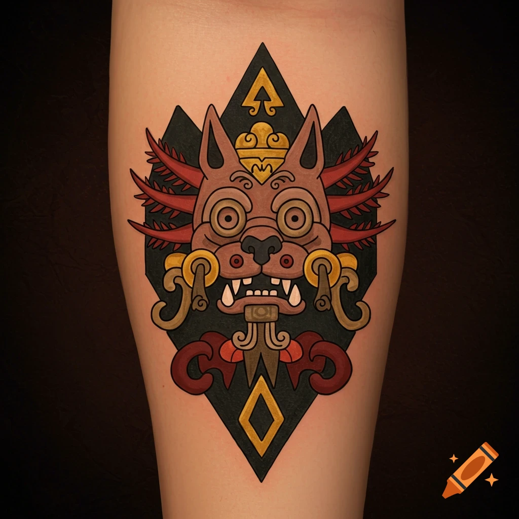 A colorful, stylized Aztec tattoo of a Xolotl-like creature with large eyes and teeth on a person's arm.