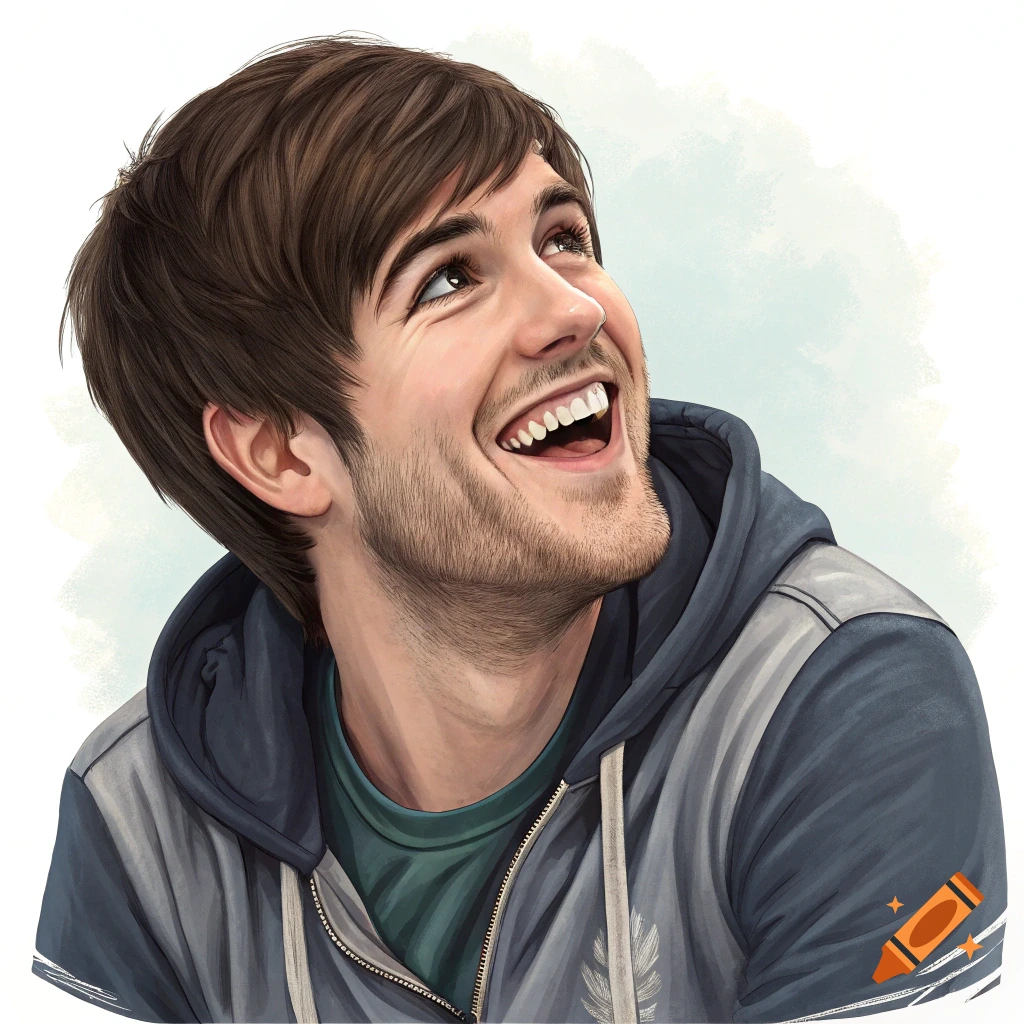 An illustrated portrait of a young man with brown hair and light stubble, wearing a blue and gray hoodie, looking up and laughing.