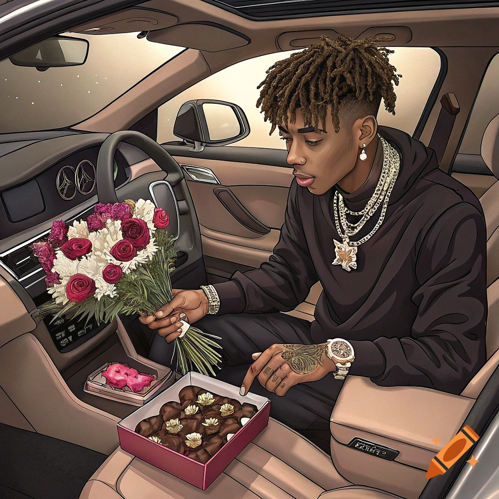 An illustrated man with dreadlocks wearing a black hoodie and gold chains sits in a luxury car, holding a bouquet of red and white flowers and pointing at a box of chocolates with white flower garnishes.