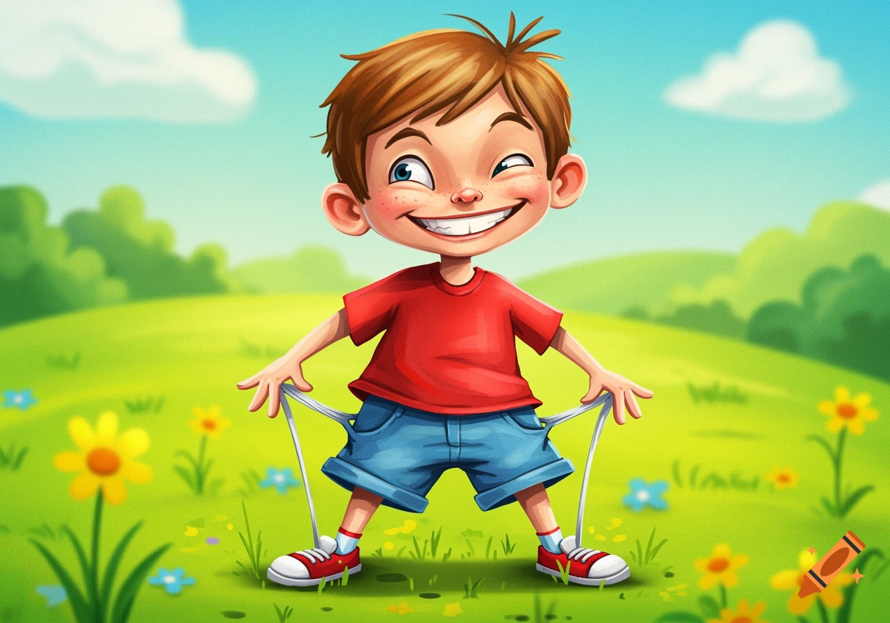 A happy cartoon boy with messy brown hair and freckles, wearing a red shirt and blue shorts with empty pockets pulled out, stands in a green field with flowers under a blue sky.
