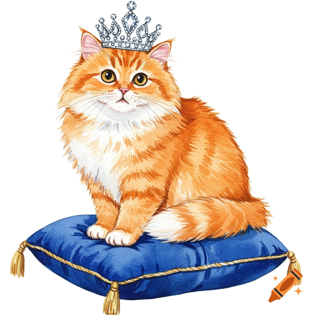 Watercolor illustration of a fluffy orange cat wearing a silver crown, sitting on a blue velvet cushion.