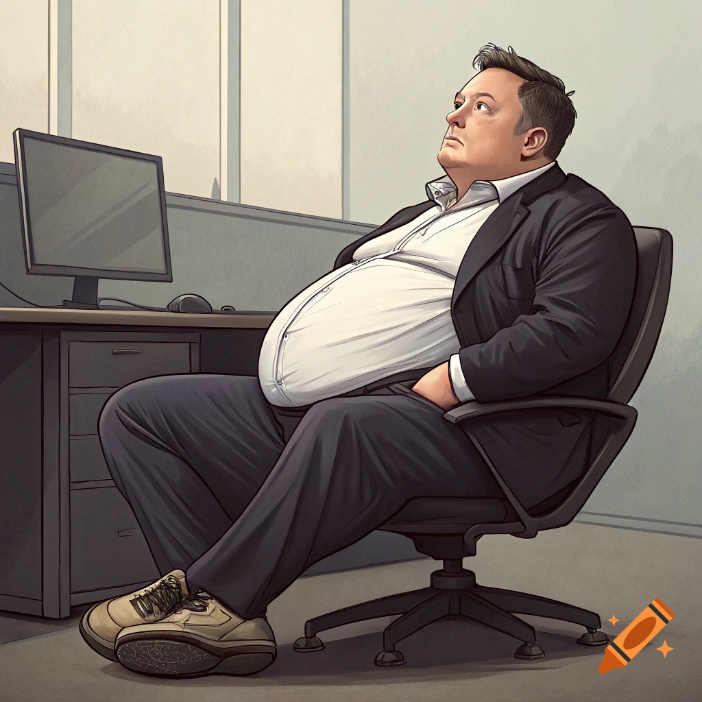 An obese man in a suit sits at a desk in an office cubicle, looking up, in an illustrative style.