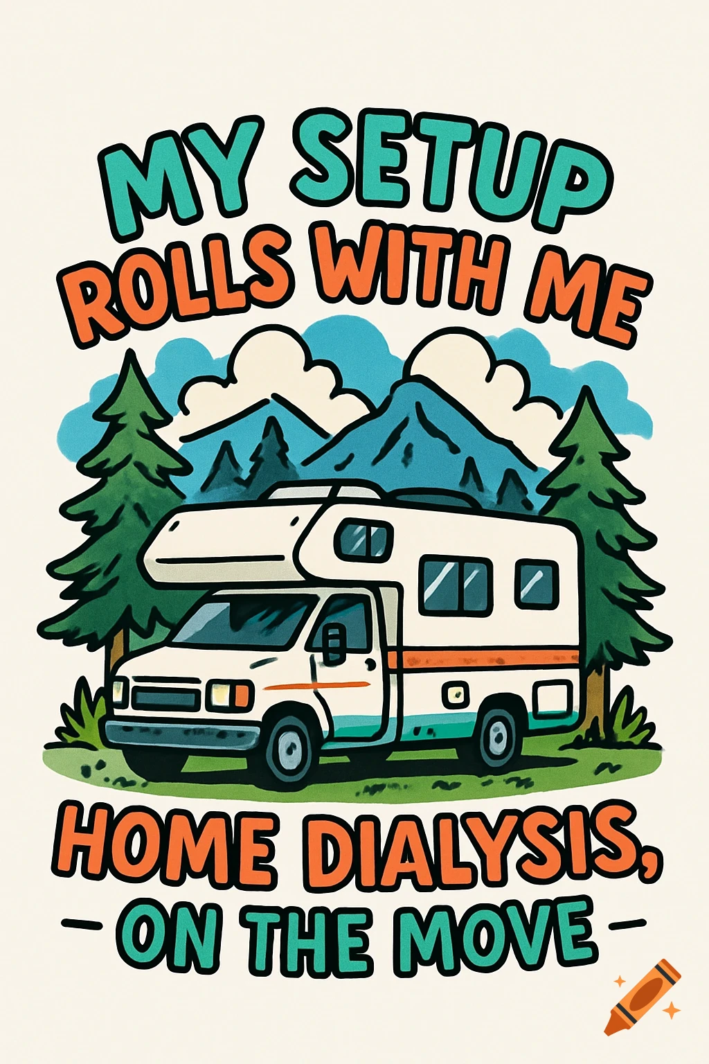 Cartoon illustration of a white camper RV with pine trees and mountains ...