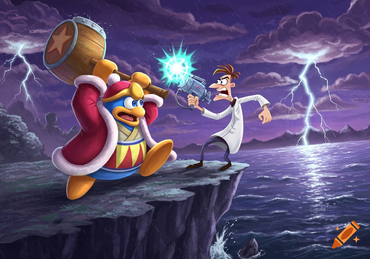 Cartoon King Dedede raises a hammer against Dr. Doofenshmirtz, who fires a ray gun on a stormy cliff overlooking water.